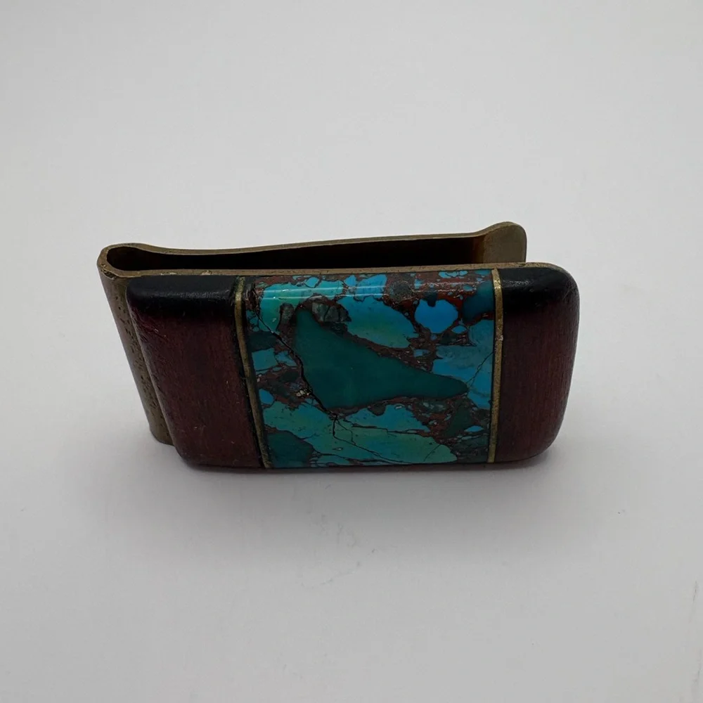 Vintage Turquoise, Wood & Brass Money Clip